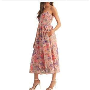 Just Me - Floral Print Smocked Bodice Midi Dress. Size Small